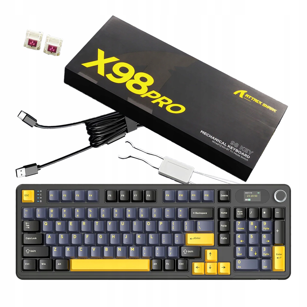 Kompletny zestaw z klawiaturą ATTACK SHARK X98 PRO i akcesoriami.